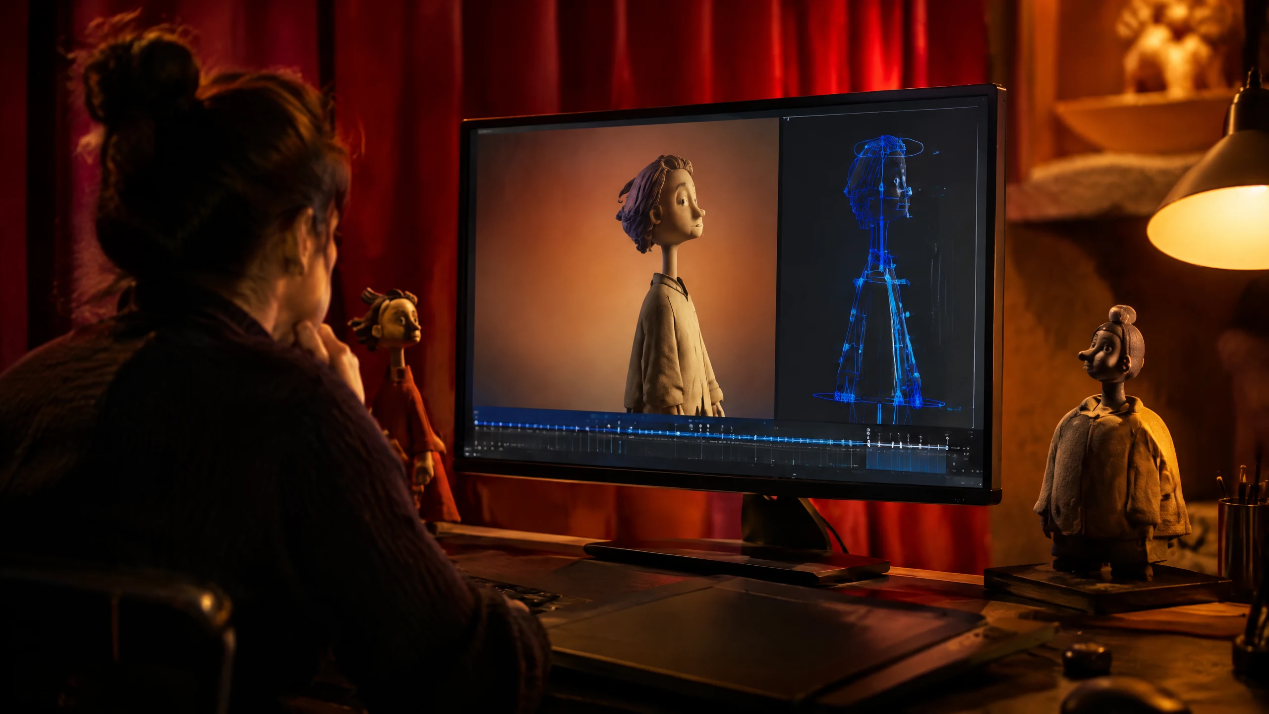 Animator reviewing an articulated character maquette at a dark workbench