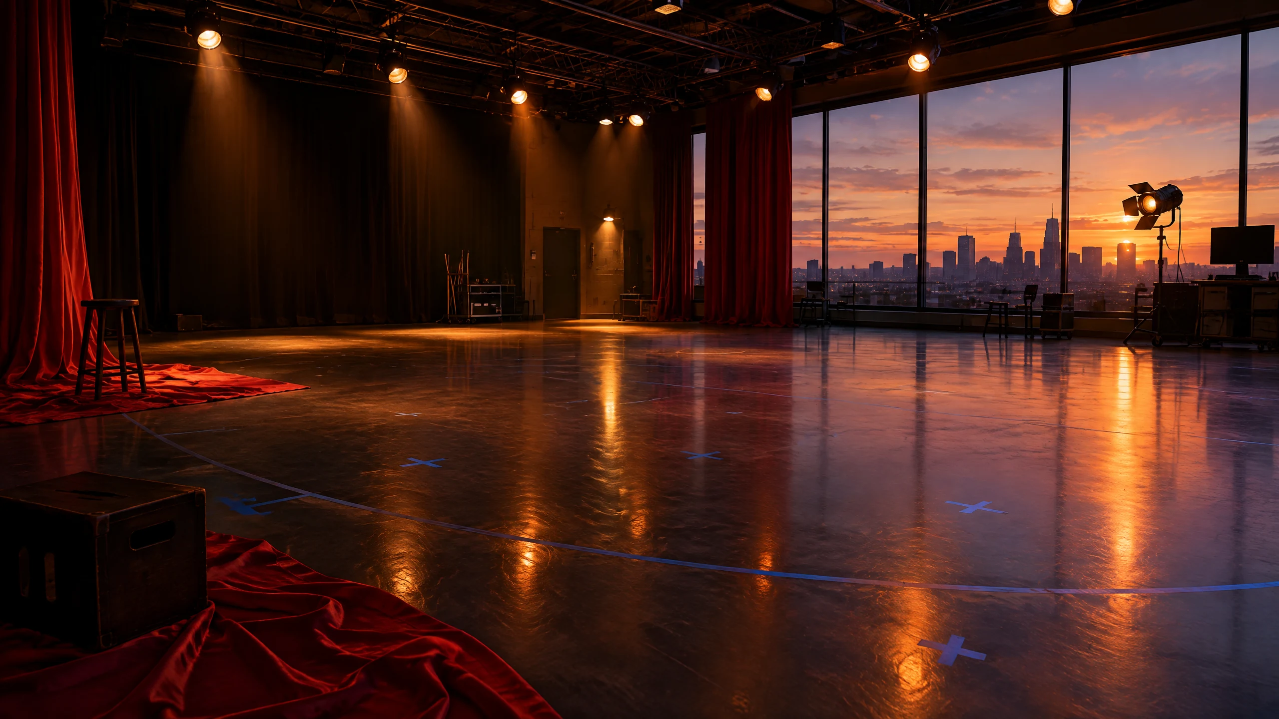Quiet theatre workroom at night with closed curtains