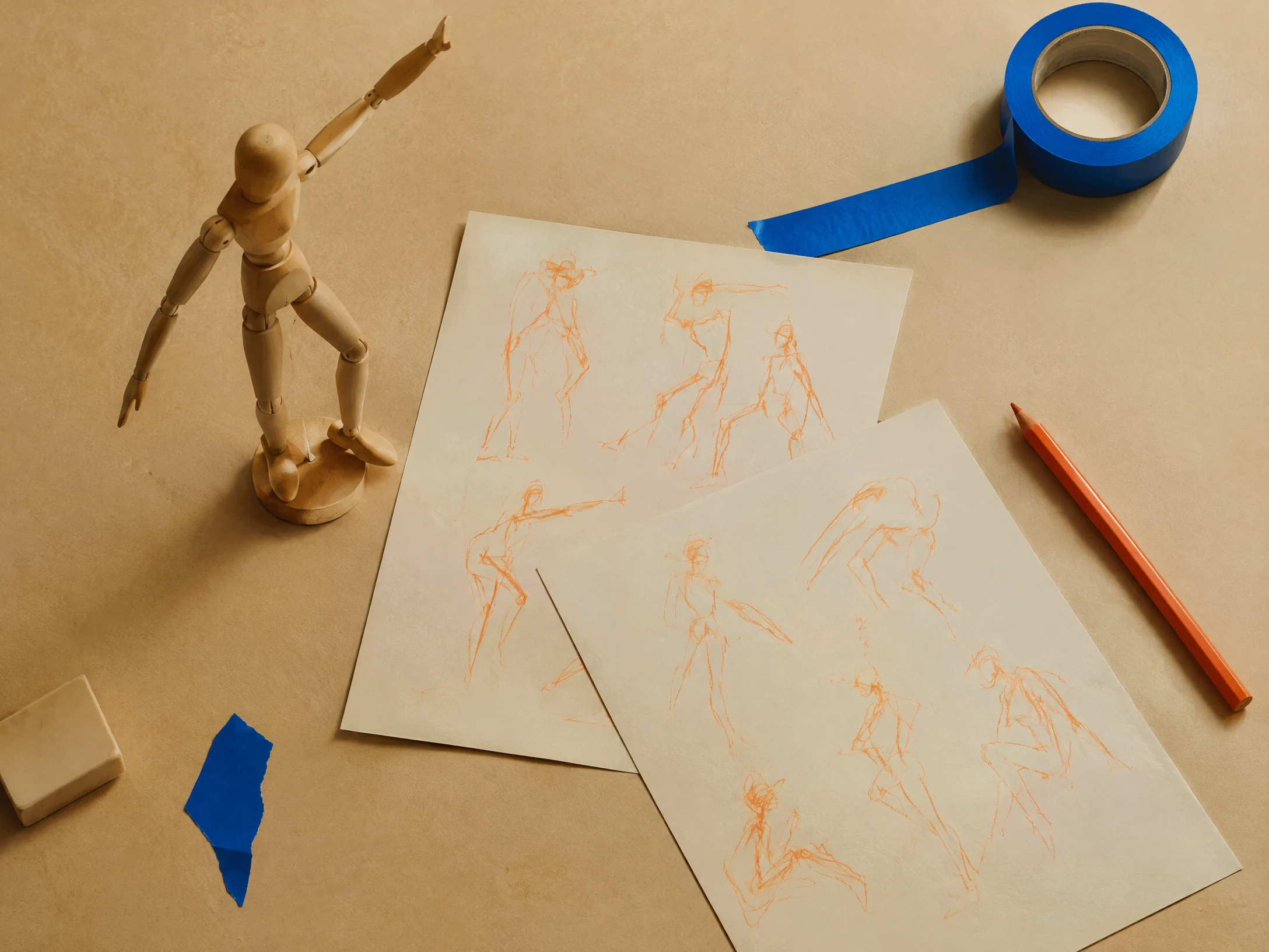 Wooden articulated figure casting a stage shadow