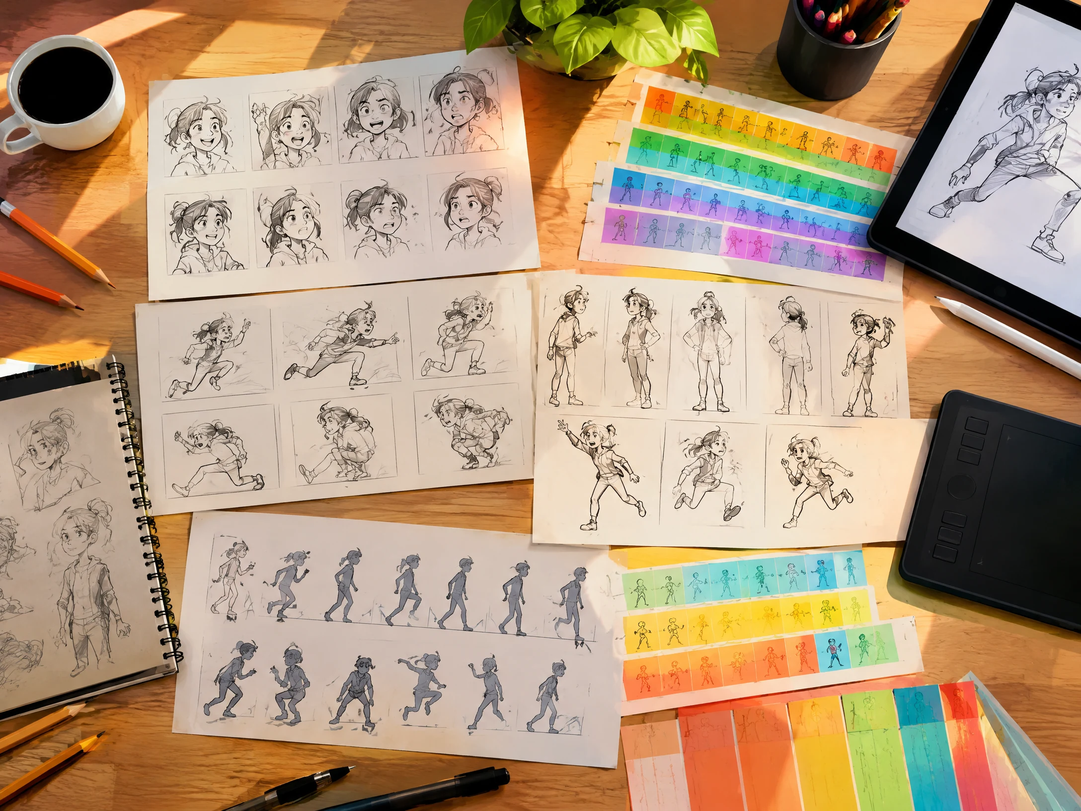 Animation team reviewing a character handoff at a worktable